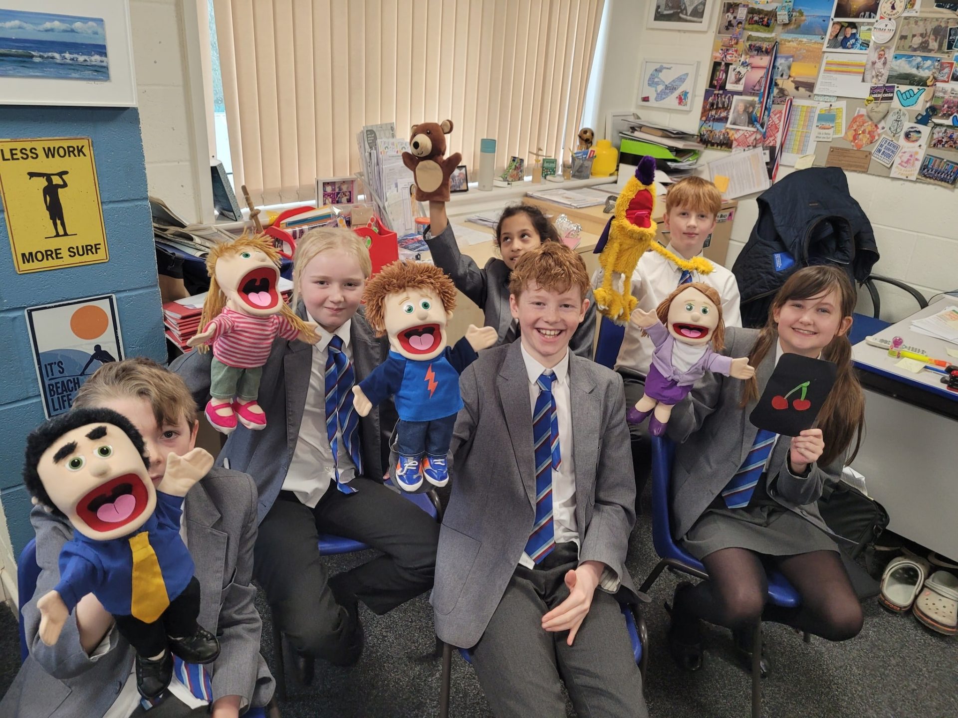 SPLATS pupils with Puppet family characters from the E-Safety Game Show