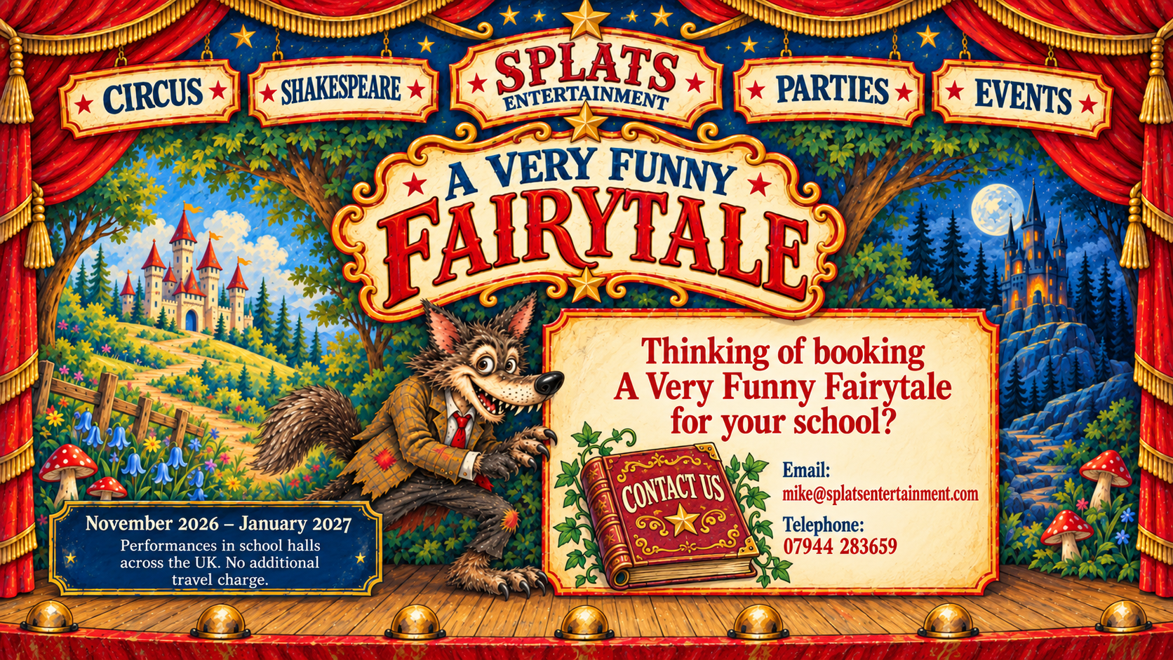 SPLATS A Very Funny Fairytale hand-painted theatre header with navigation, Big Bad Wolf and contact details