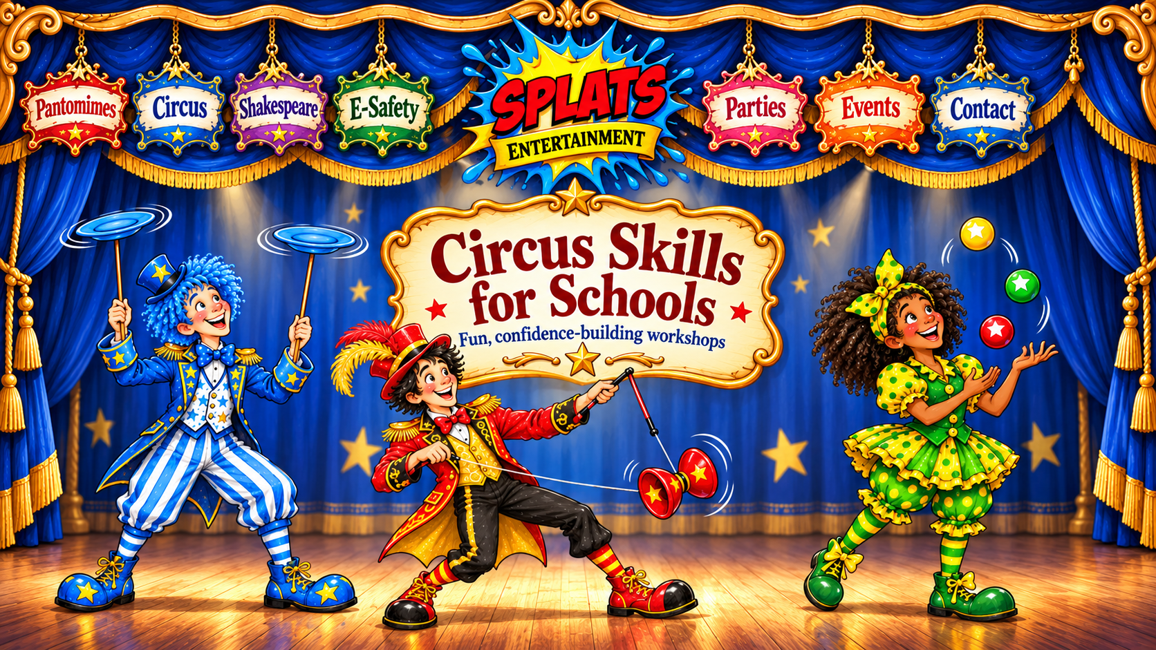 SPLATS Circus Skills for Schools illustrated theatrical artwork