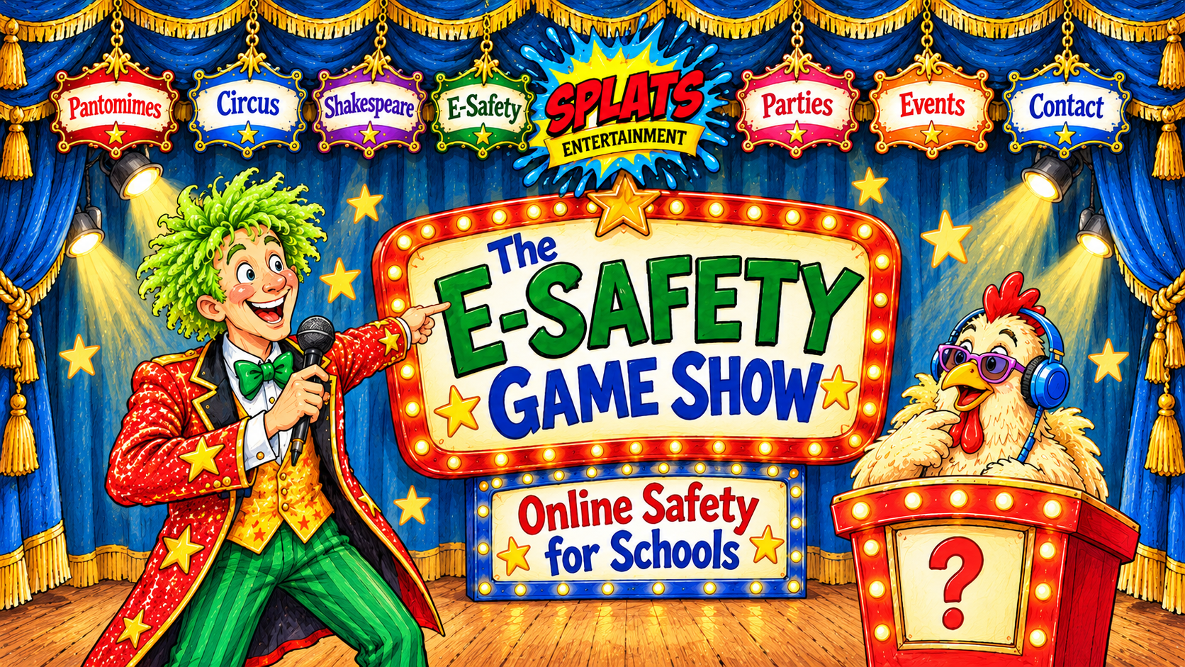 SPLATS Entertainment E-Safety Game Show hand-drawn stage with presenter and comic chicken contestant