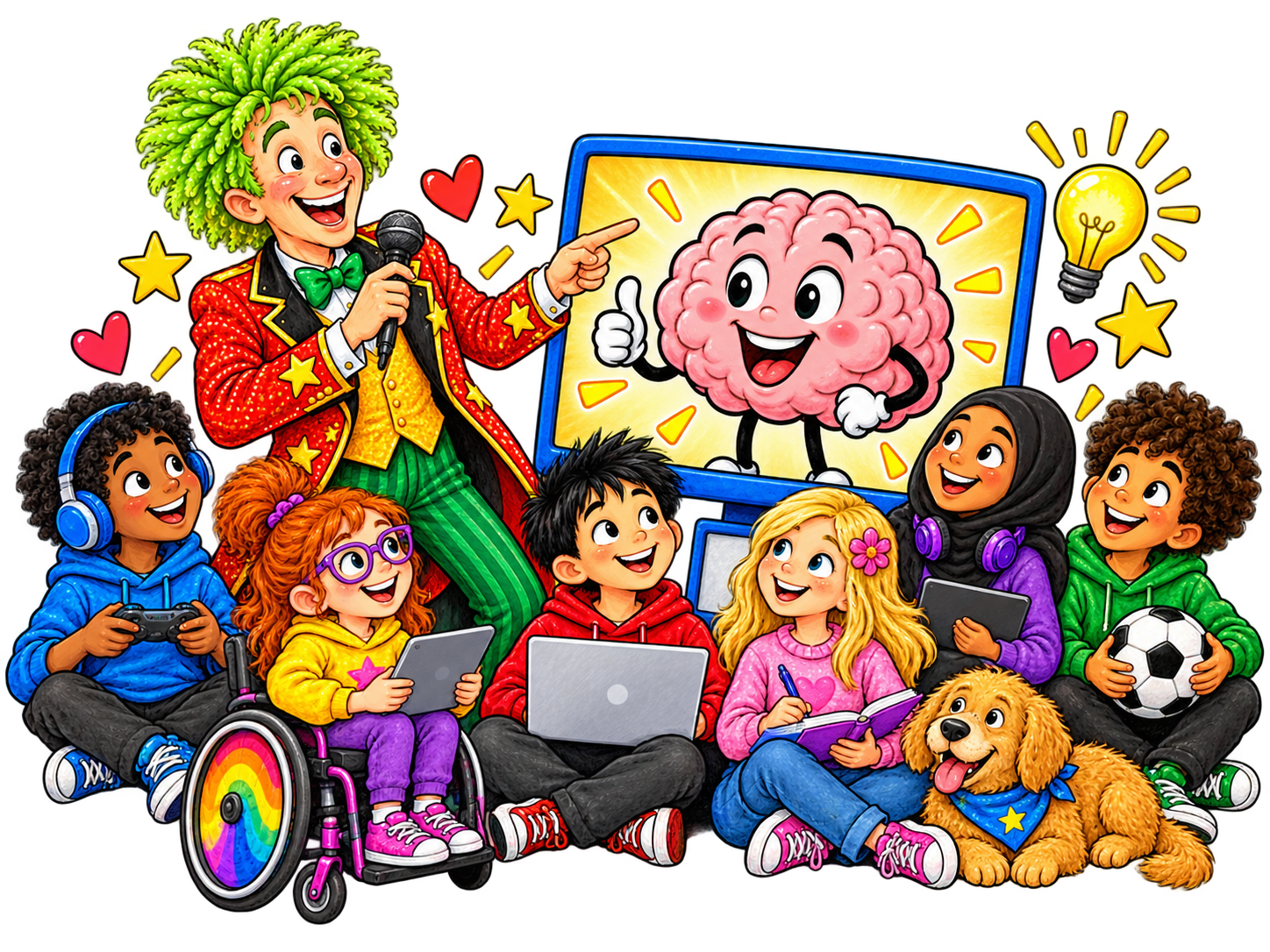 A colourful cartoon brain and children learning about healthy screen habits