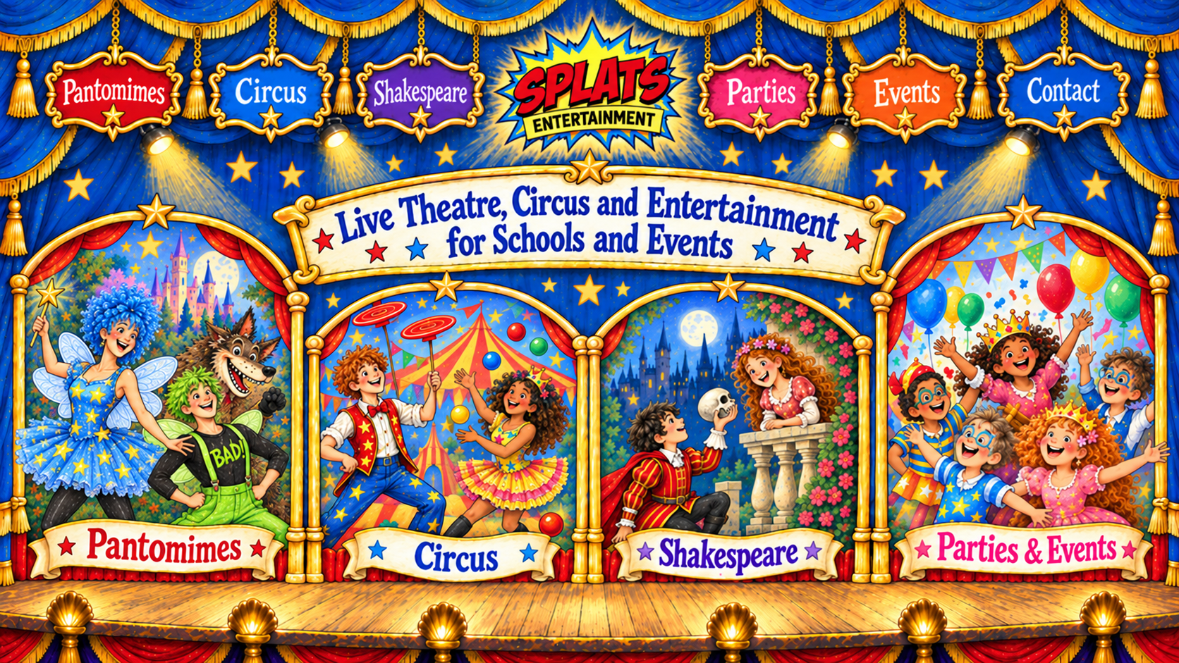 Hand-painted SPLATS Entertainment theatre with Pantomimes, Circus, Shakespeare and Parties and Events illustrated windows; painted navigation signs