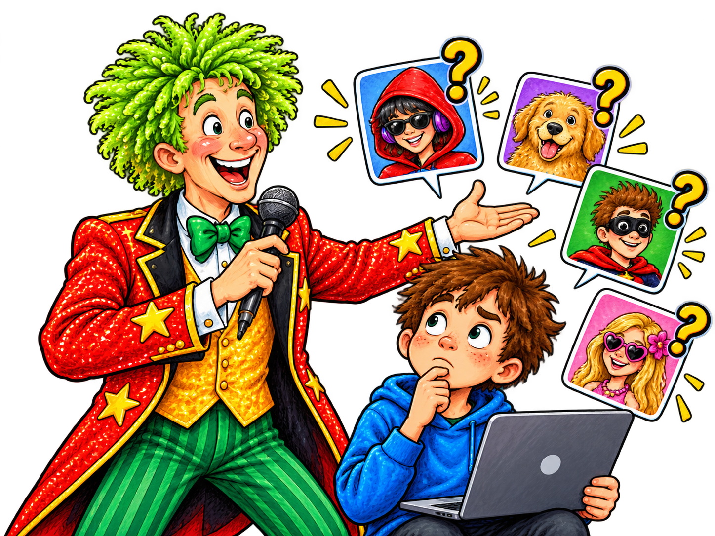 Hand-drawn cartoon illustrating online identity and the game show