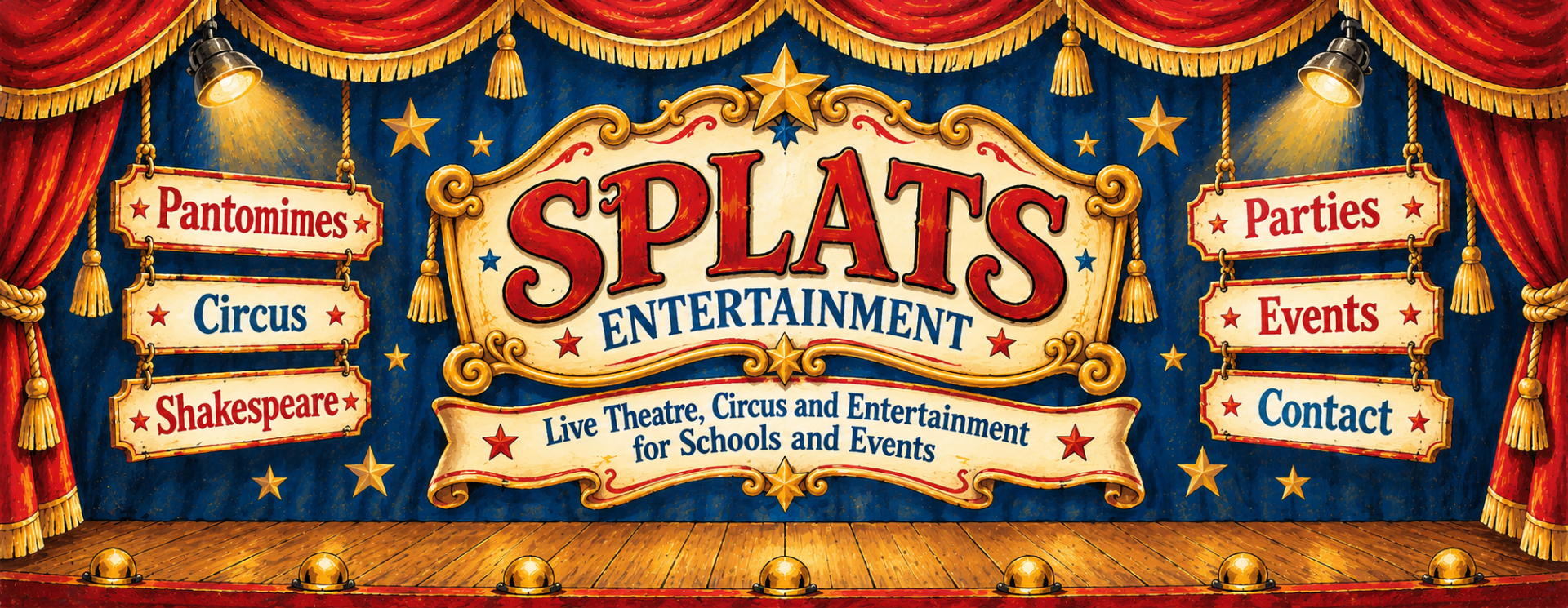 SPLATS Entertainment theatre banner: Pantomimes, Circus and Shakespeare on the left, Parties, Events and Contact on the right